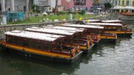 A shot of tourist boats moored at Clarke Quay in Singapore